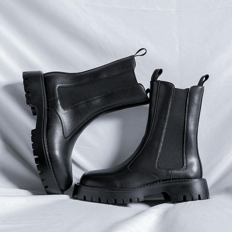 New Design Black Leather Boots Men Platform Boots British Style Men's Basic Boots Zipper High Top Winter Shoes Men botas hombre