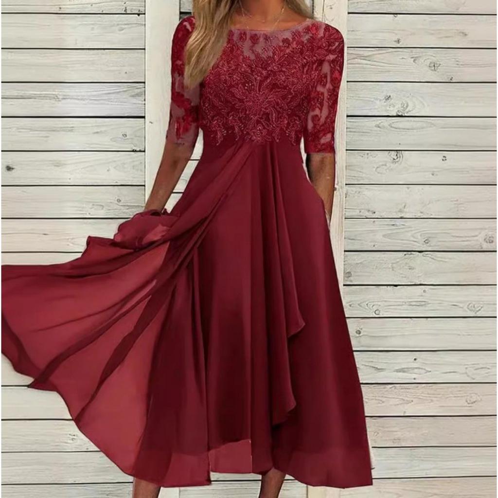 Women's Chiffon Patchwork Lace Hollow Out Long Dress Bridesmaid Evening Party Gown European Style Crossbody Dress for Formal Occasion