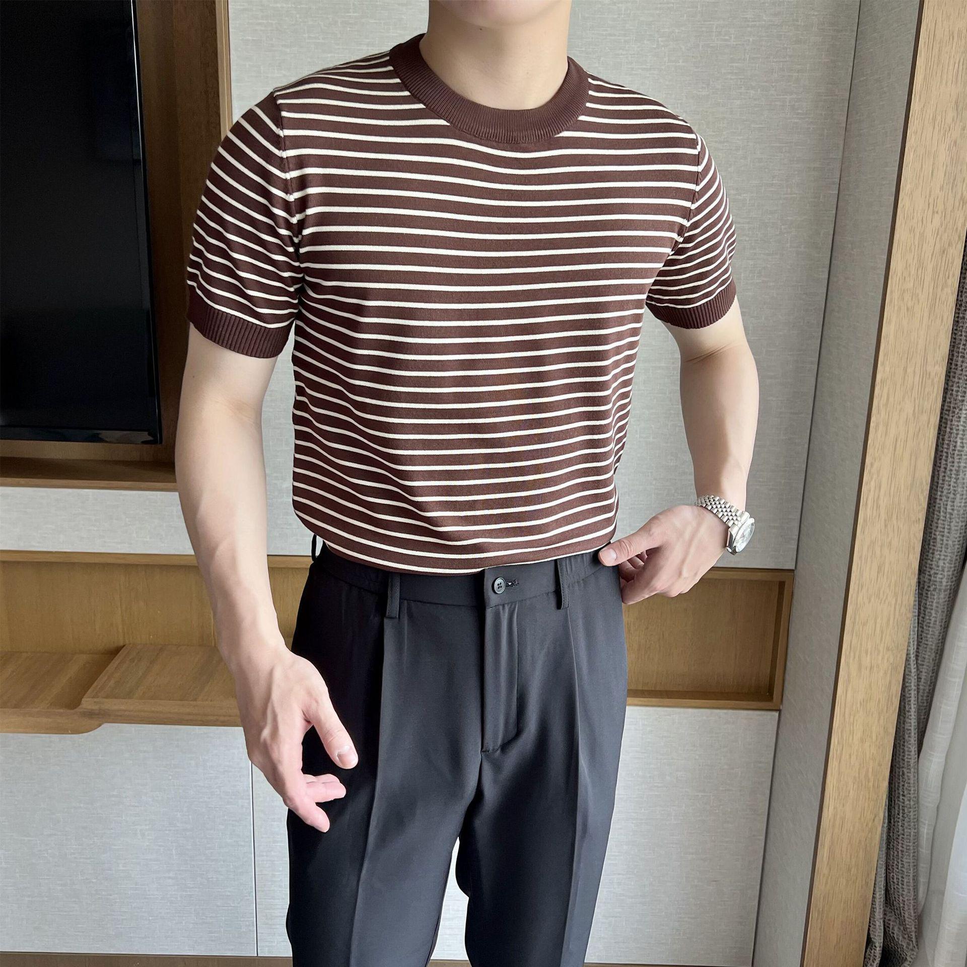 

2023 Men s Retro Striped Knitted Short-Sleeve Summer Sailor Shirt - Breathable Ice Silk, Round Neck 3XL синій