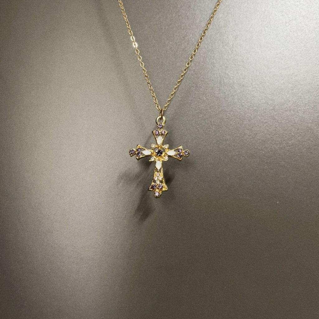 Vintage Golden Petal Cross Necklace, Long Gold Plated Collar Chain