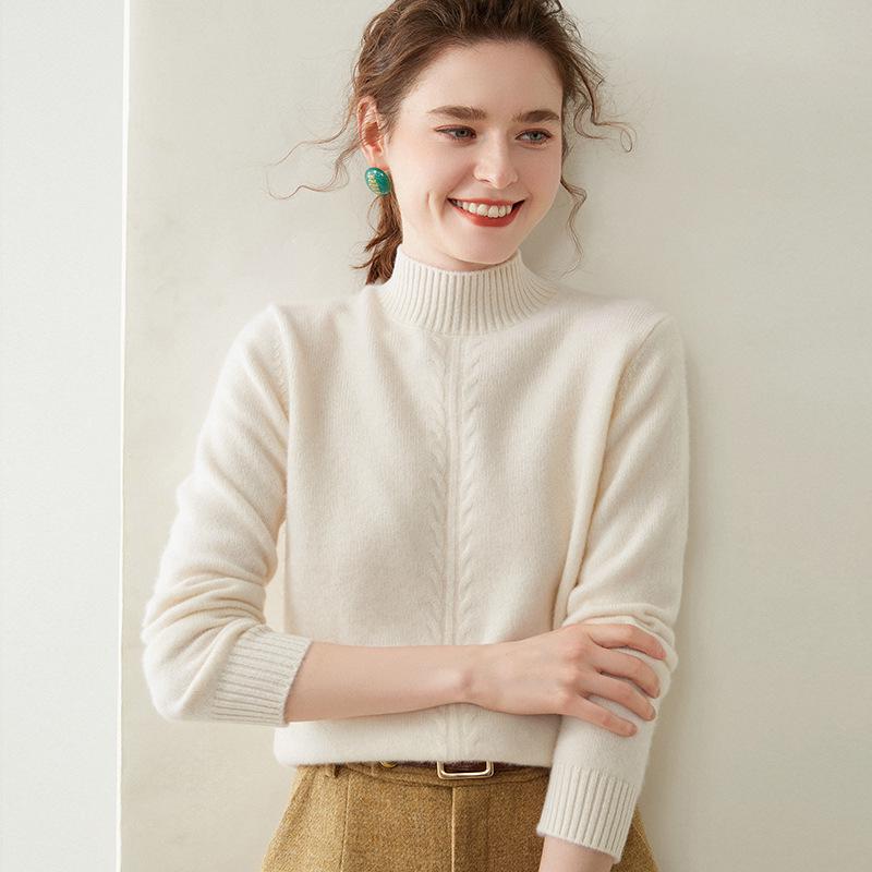 Women's High Neck Cashmere Sweater - Thick Knit Solid Color Jacquard Pullover for Autumn and Winter