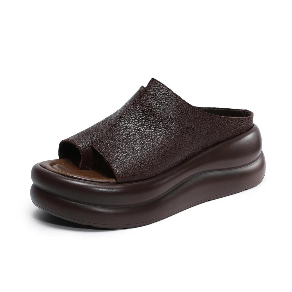 Johnature Ciabatte Zeppa Donna Suola Spessa Vera Pelle Comode Retro Sandali da Esterno
