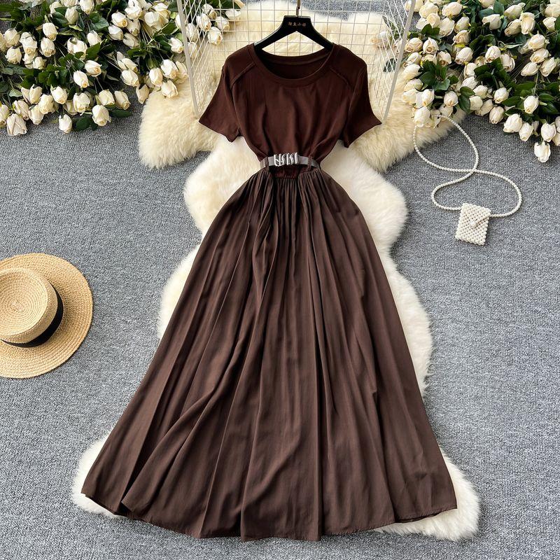 

French Style Fancy round Neck Short Sleeve Dress Women s Summer Dress with Belt Cinched Patchwork Drape Large Swing Elegant Dress Brown XL