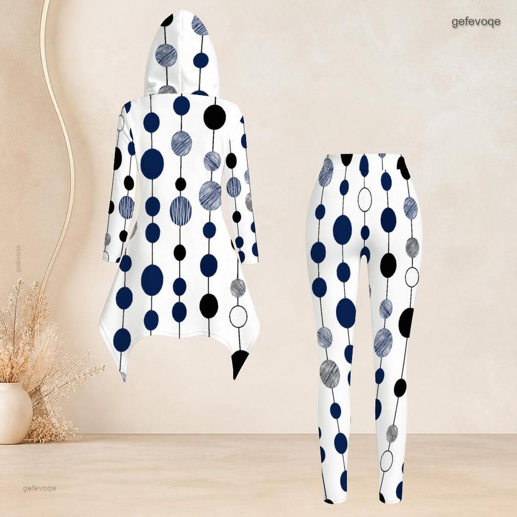 Women Plus Size Printed Hooded Long Sleeve High Low Top And Fitted Pants Two Piece Set