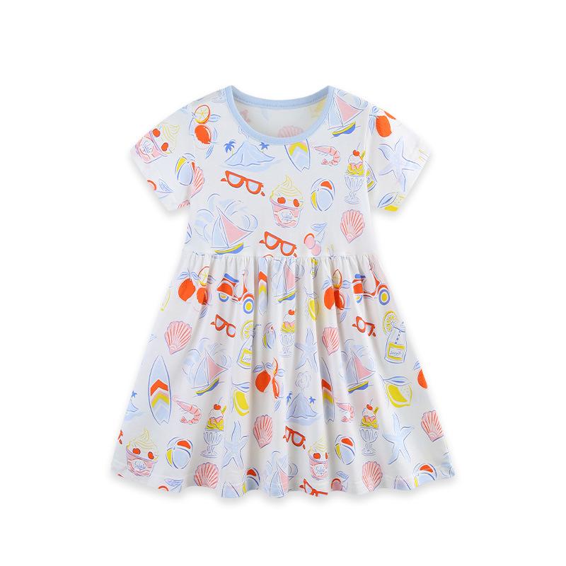 Girls' European Style Short Sleeve Princess Dress - Cute Print, Knit Cotton, Toddler Summer New Arrival