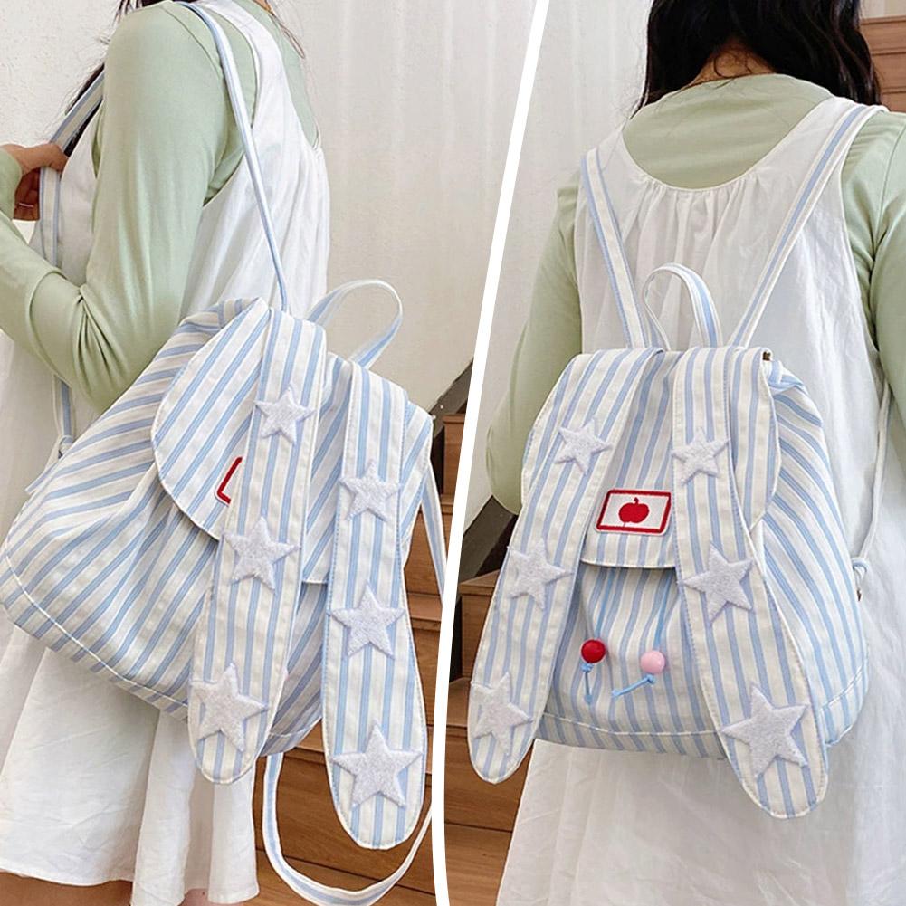Cute Rabbit ears Backpack Star Patch Stripes Large capacity Cute Schoolbag Korean Casual Commuting Outdoor Schoolbag