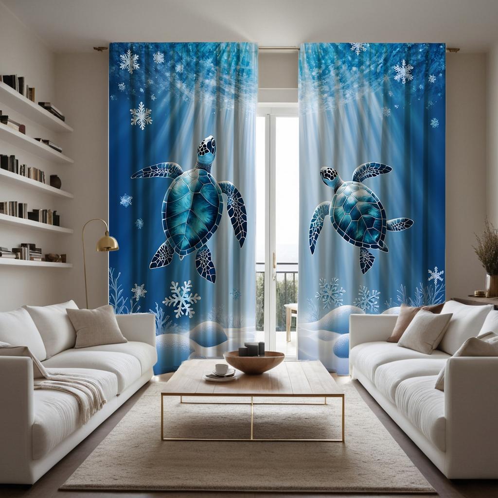 2pcs HD Sea Bottom Romantic Snowflake turtle diving decorative curtain Blue tie digital printed curtain Home Decoration style