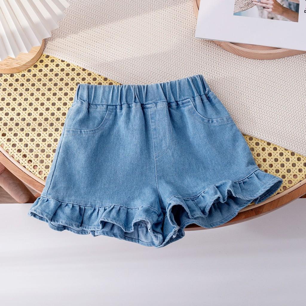 

Charming Girls Summer Outfit With Cute Cherry Print Bow And Delicate Lace Denim Shorts For Toddler Girls Blue Jeans,130