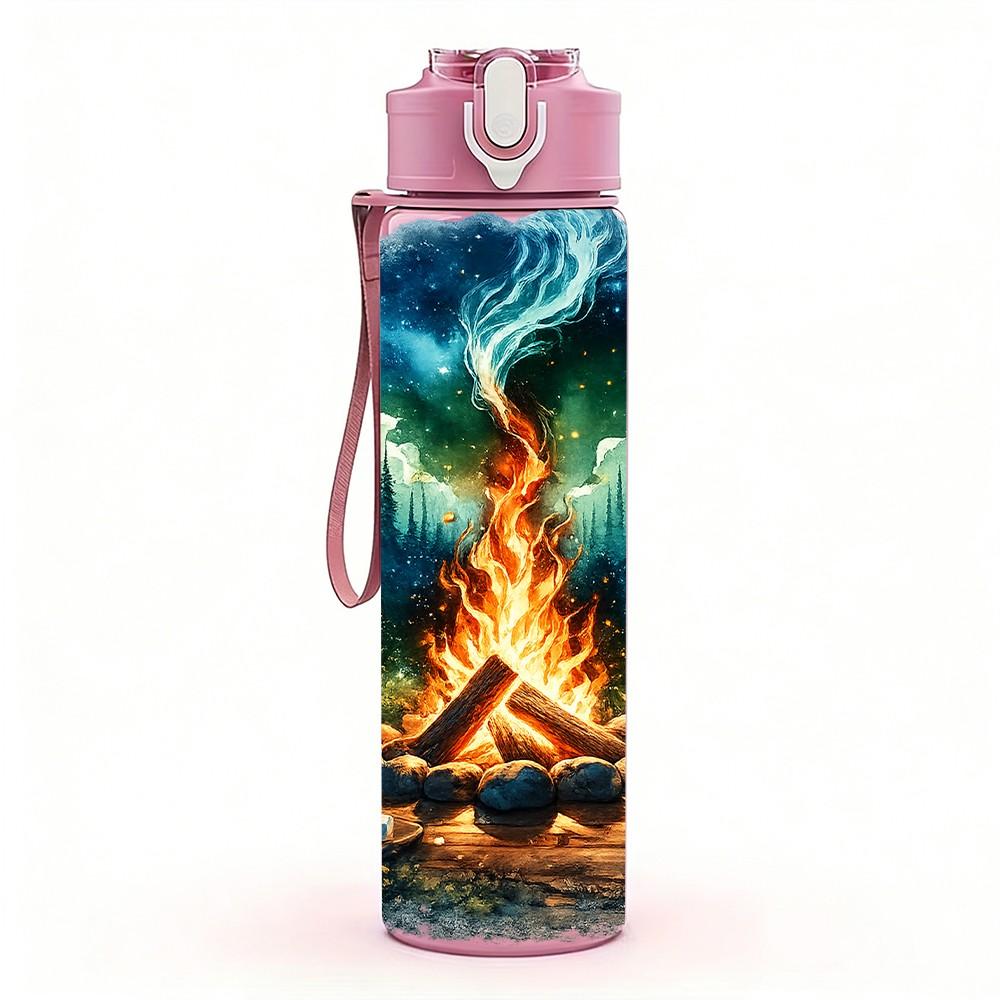 1PC Mountain Campfire Night Scenery Print 750ml Color Plastic Sports Water Bottle Leakproof Flip Straw Lid Suitable for Sports Office Home Use