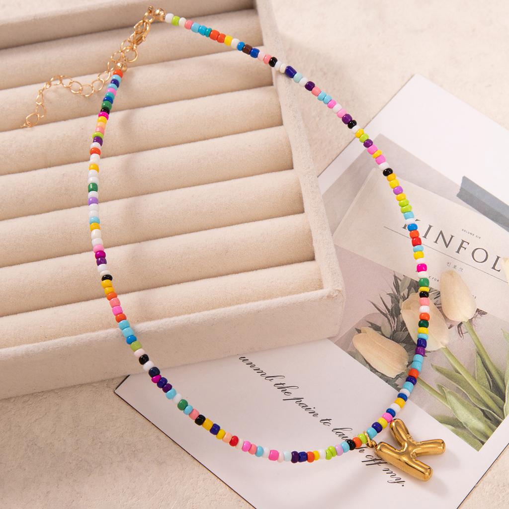 Bubble Alphabet Colored Rice Beads Handmade Beaded Delicate Beach Bohemian Necklace Collarbone Chain