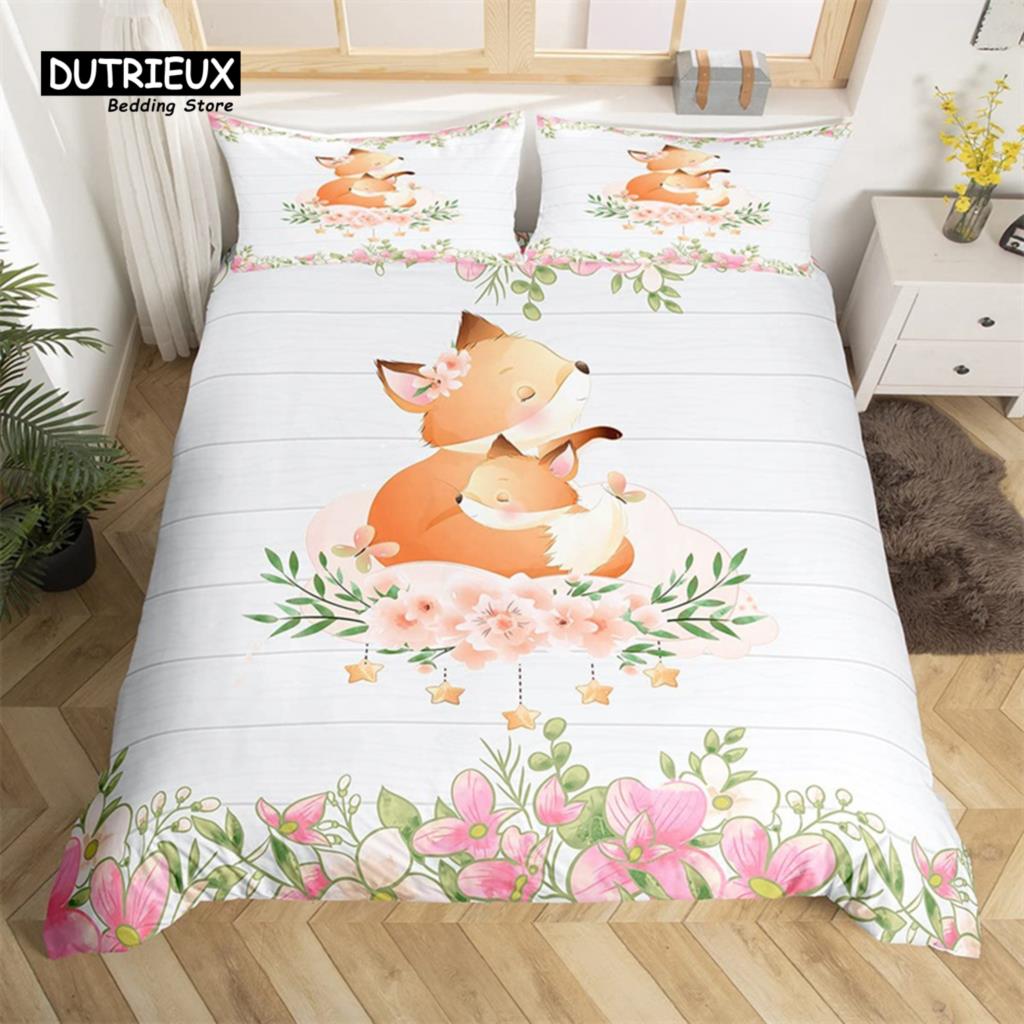 Niedliches Milchkuh Bettwäsche-Set King Cartoon Tier Bettbezug Botanisch Floral Steppdeckenbezug Mikrofaser Bauernhaus Tagesdecke Bezug