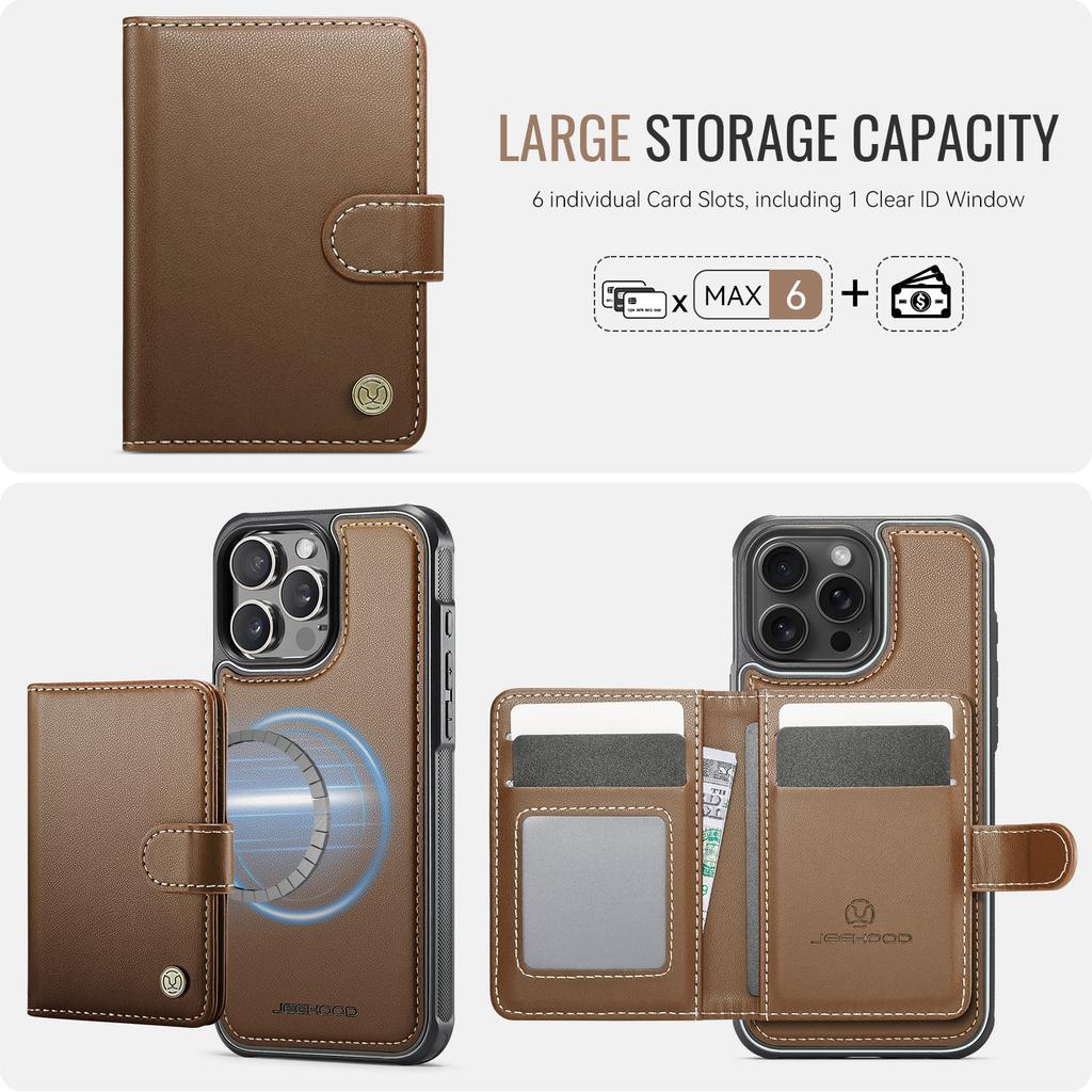 For iPhone 16 Pro Case JEEHOOD J09 RFID Blocking Card Holder Leather Back Phone Cover Compatible with MagSafe