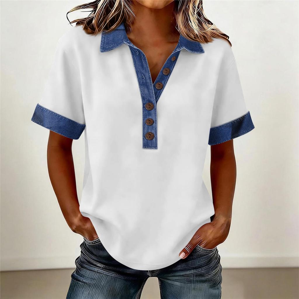 Denim Patchwork Shirts For Women Stand Collar Casual Blouse Short Sleeve Comfy Tshirt Spring Summer Fashion