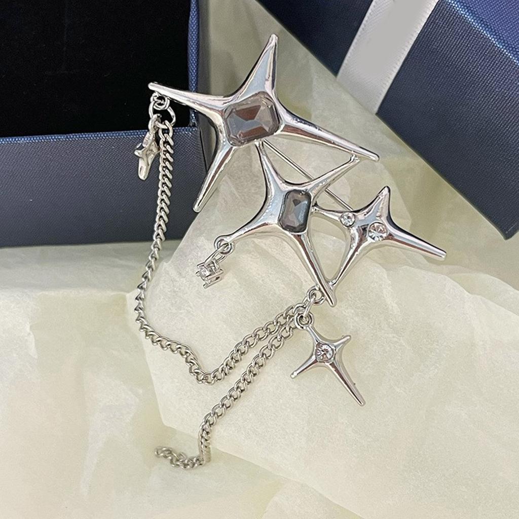 Elegant Four point Star Chain Pin Personality Punk Breastpin Crystal Badge Jewelry Sophisticated Women Suit Dress Brooch