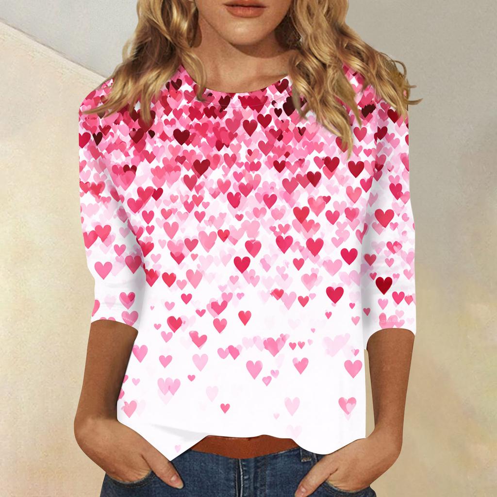 Women's Fashionable Casual Three,quarter Sleeve Heart,shaped Printed Round,neck Top