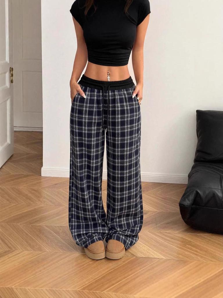 Plaid Patchwork High Waist Casual Sports Pants - Loose Lazy Style Straight Leg