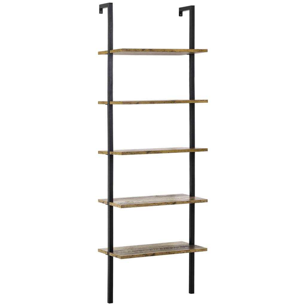 Ladder Bookcase with 5 Shelves in Industrial Style in Wood and Metal, 60x30x184.5cm, Brown