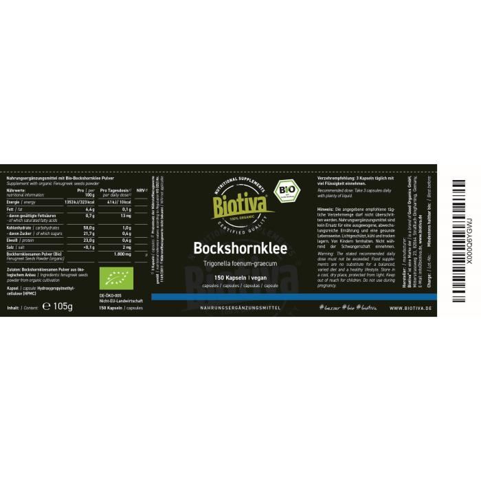 Bio-Bockshornklee-Samen 150 Kapseln - 600mg Bockshornklee-Pulver - Trigonella foenum-graecum - ohne Zusatzstoffe