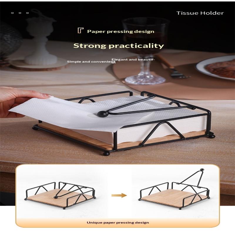 Flat Napkin Holder Metal Iron Serviette Holder Napkin Stand With Wooden Base For Home Kitchen Countertop Decor