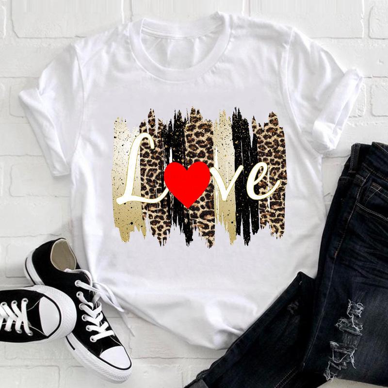 Summer Printed Floral Heart Pattern Base Shirt with White Letters Simple Pure Cotton Short Sleeved Women's T-Shirts Women’s