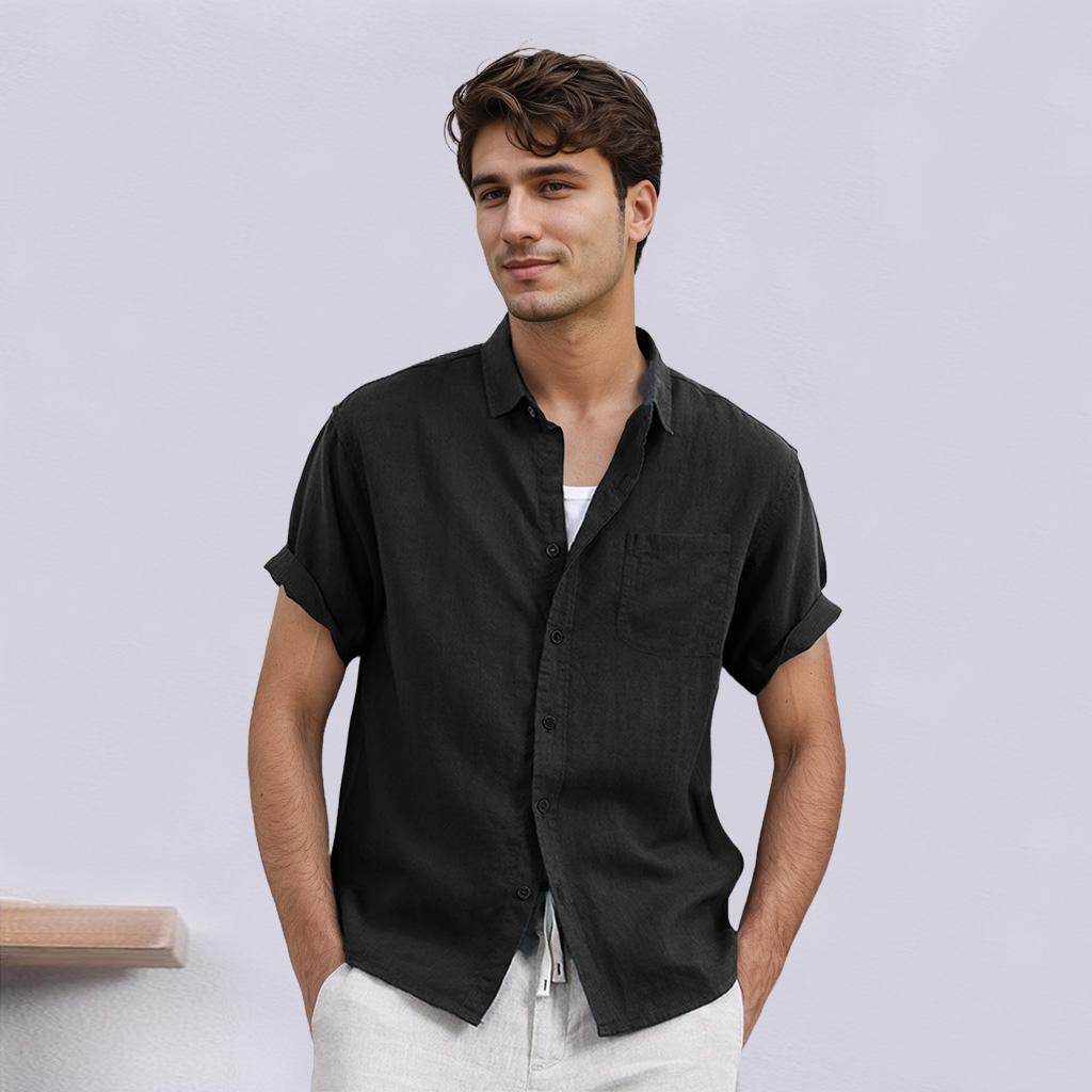 Men's Short-Sleeved Cotton Linen Shirts Summer Breathable Solid Color Casual Beach Style Plus Size Tops
