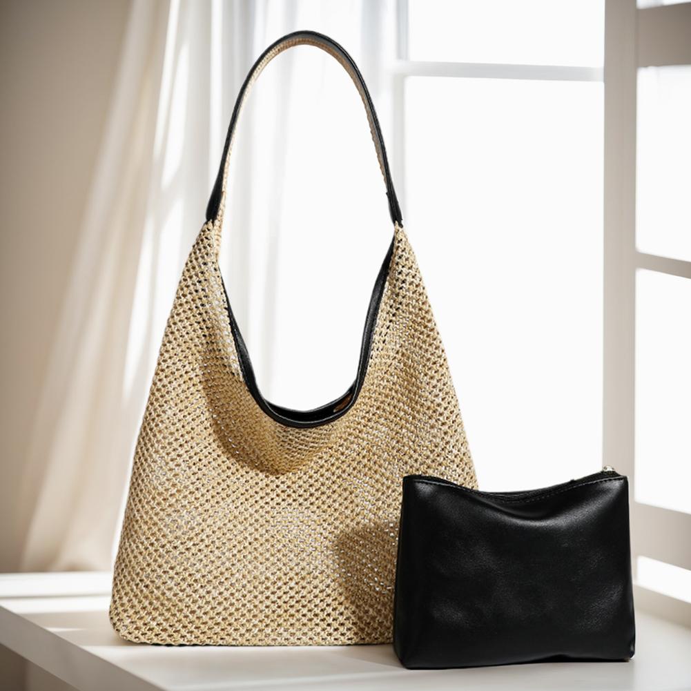 

Woven Shoulder Bag for Women Large Capacity Hobo Bag Magnetic Closure Handbag with PU Purse Clutch Purse for Vacation Travel чёрный