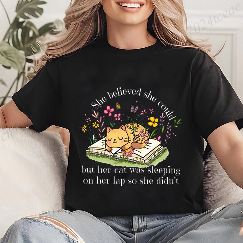 She Believed She Could Tees Tops Funny Floral Cat Shirt Women Fashion Tshirt Tops Oversize Summer Tshirt Short Sleeves Clothing