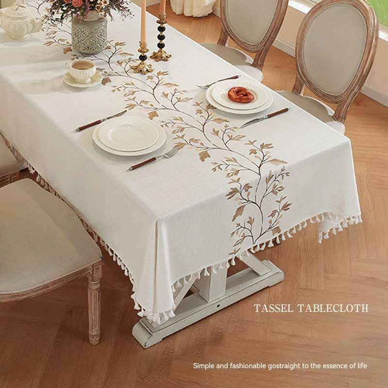 Nappe Brodée en Coton et Lin avec Pompons - Housse de Table Carrée Rectangulaire Ronde pour Table à Manger Table Basse Décoration de Maison