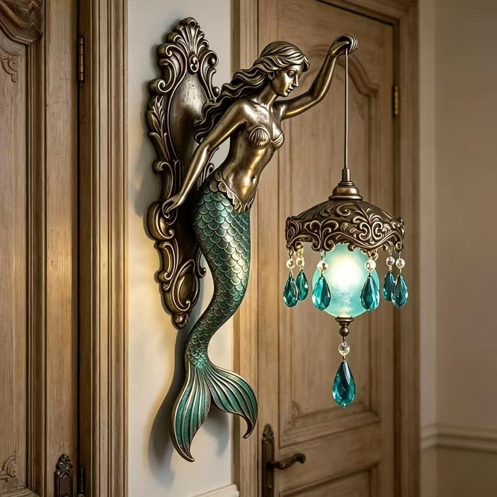 Vintage Resin Mermaid Wall Lamp Decorative Ornament, High-end Niche Pendant