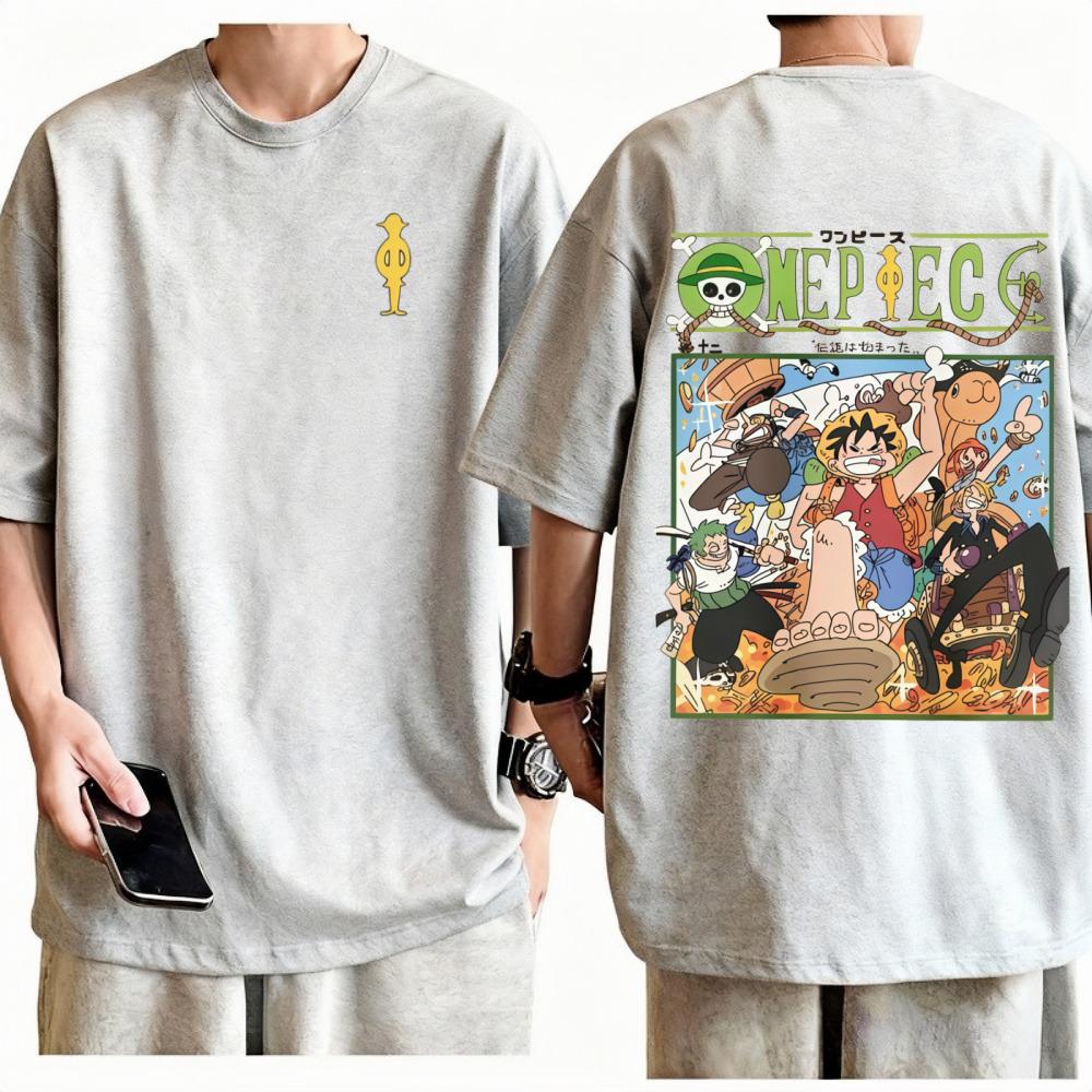 One Piece Straw Hat Pirates TShirt Retro Anime Graphic Print Crew Neck Pure Cotton High Street Fashion Tops For Men Women
