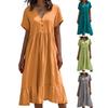 Women Summer Dress Button V Neck Short Sleeve Loose Fit Flowy Beach Sundress Ruffled A-line Swing Casual Midi Dress
