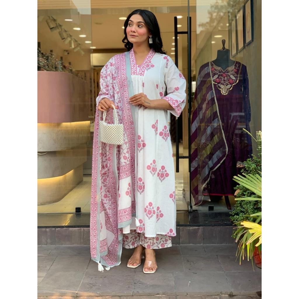 Floral Printed Aline Kurti Pant Dupatta Set Indian Women' Ethnic Kurta Set Dress