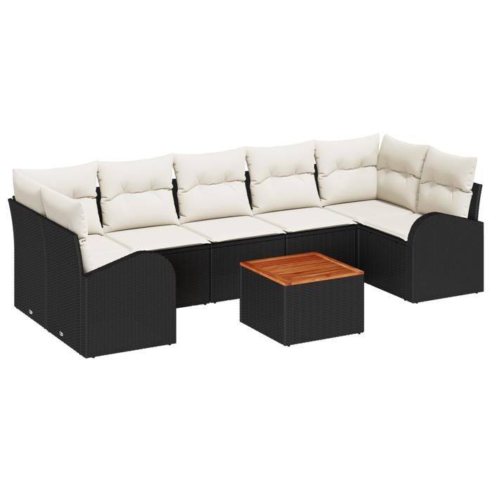 VidaXL Ensemble de canapé de jardin 8 pièces avec coussins Noir Poly Rattan Acacia 3347544