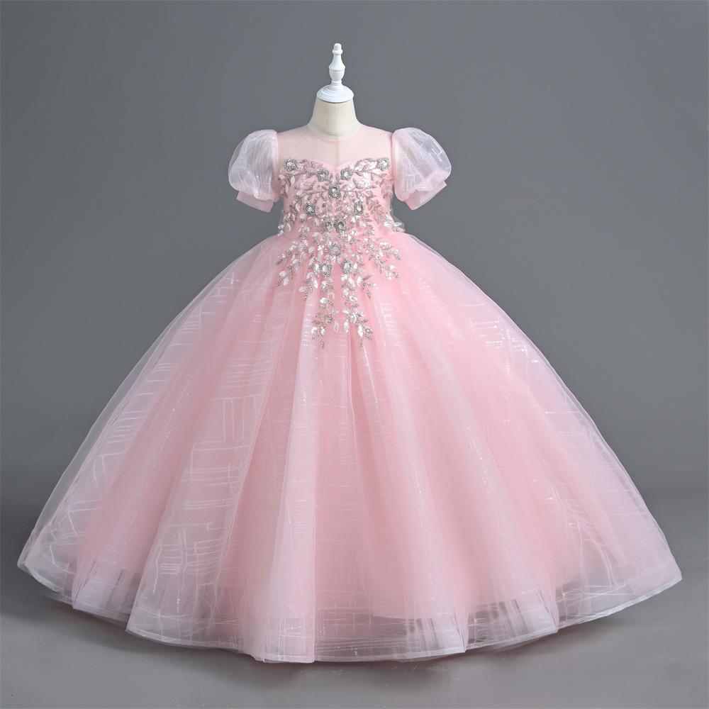 New Summer Girls' Sequin Mesh Princess Piano Performance Dress - Long Evening Gown