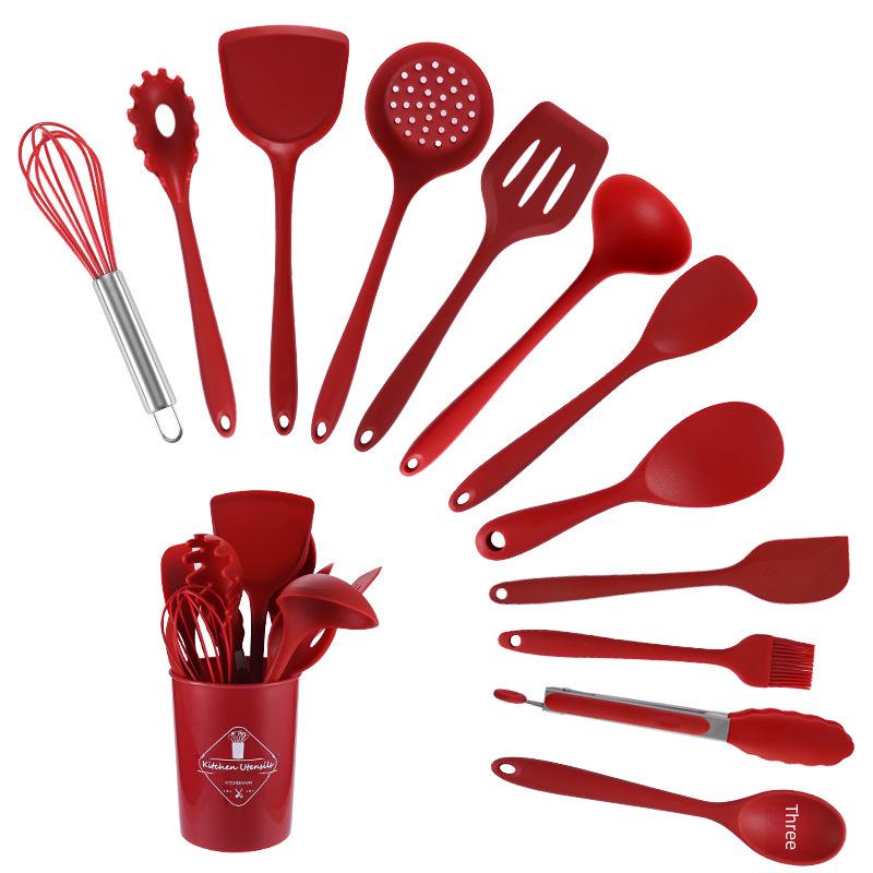 Silicone Kitchenware 13-Piece Set: Non-Stick Spatula, Drain Shovel, Spoon - Red and Black