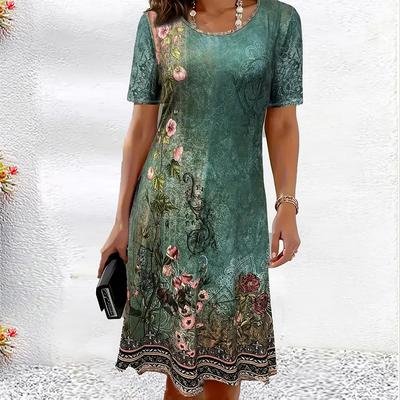 Moda Kadın Gevşek Retro Desen Baskı O Yaka Kısa Kollu Yaprak Baskı Gevşek Sokak Giyim A Kesim Elbise