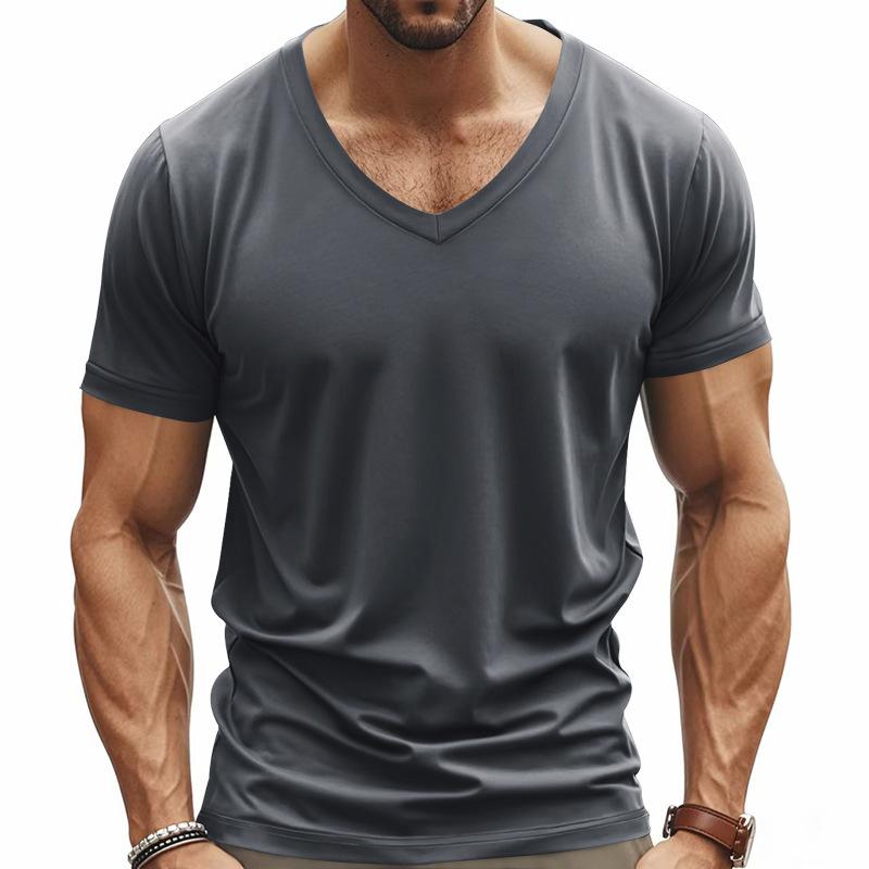 Herren T-Shirt mit V-Ausschnitt, lässig, Slim Fit, kurzärmelig, weich, leicht, einfarbig