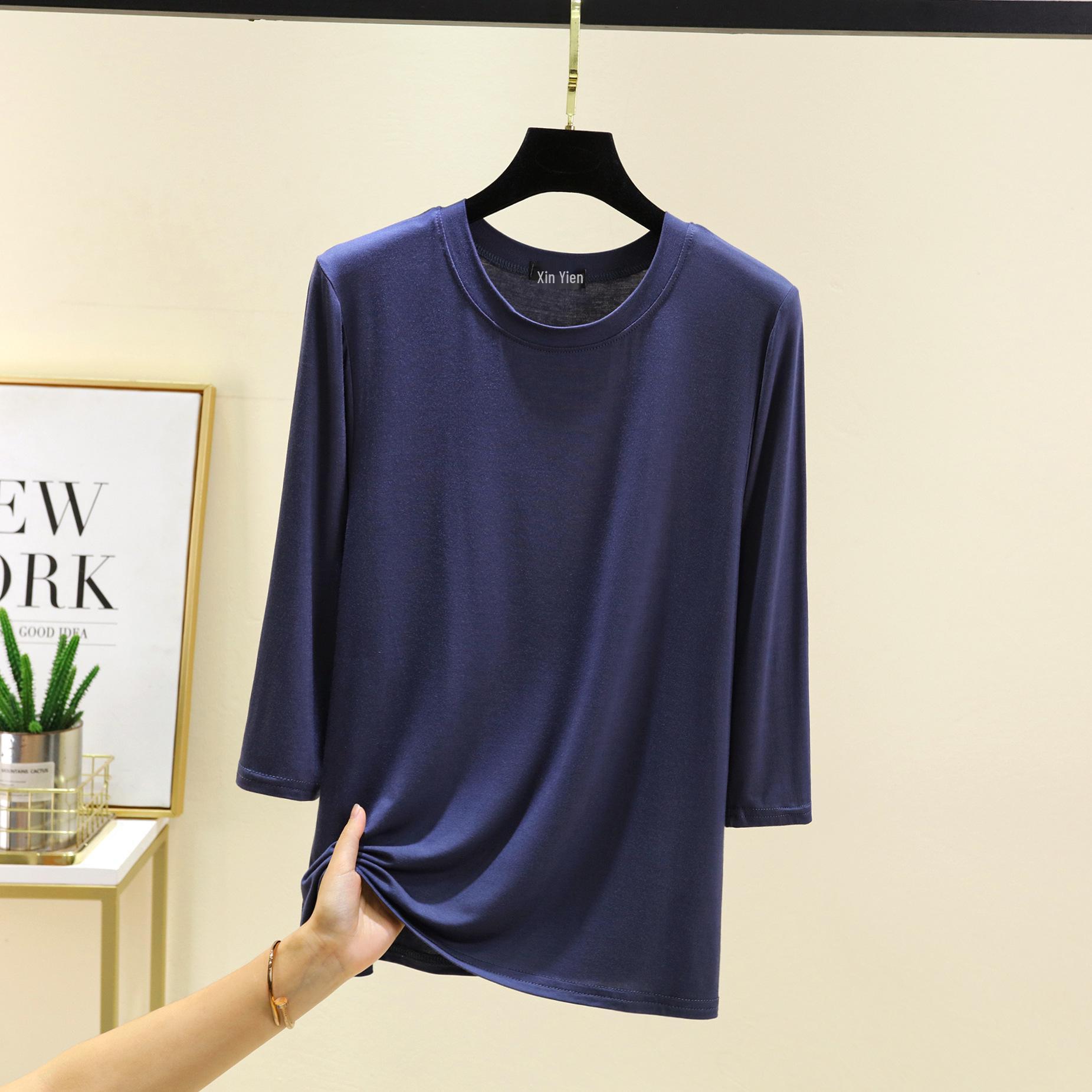 

Women s Plus Size Modal 3/4 Sleeve Round Neck T-shirt - Versatile, Lightweight, Loose Fit for Spring/Autumn. M
