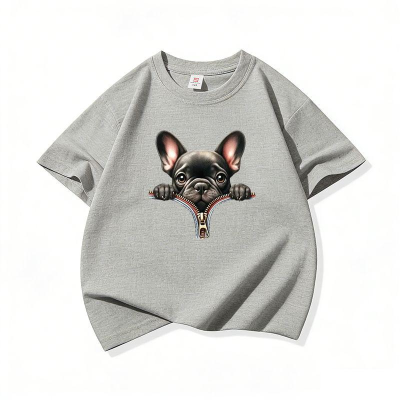 Kids Cotton T Shirt Adorable French Bulldog Zipper Print Crew Neck Short Sleeve Tee Casual Boys Girls Summer Tops 100