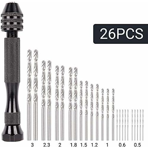 MAEXUS Hand Drill, Pin Vise, Micro Drill, 0.5-3.0mm Drill Bit Set with 25 Drills, Small, Quiet Manual Drill, Precision DIY Tool (26-Piece Set)