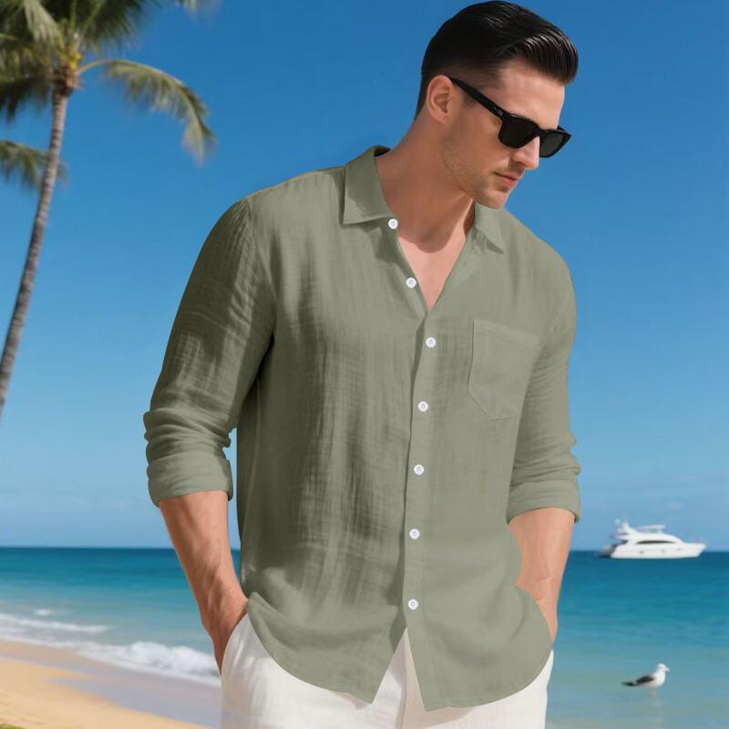 New Spring and Autumn Loose American Linen Breathable Casual Men's Lapel Long-sleeved Shirt