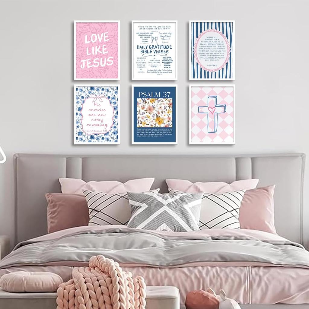 6Pcs Pink Blue Christian Wall Art Bow Bible Verse Floral Canvas Wall Decor Religious Pictures Jesus Scripture Poster Prints Trendy Preppy Painting