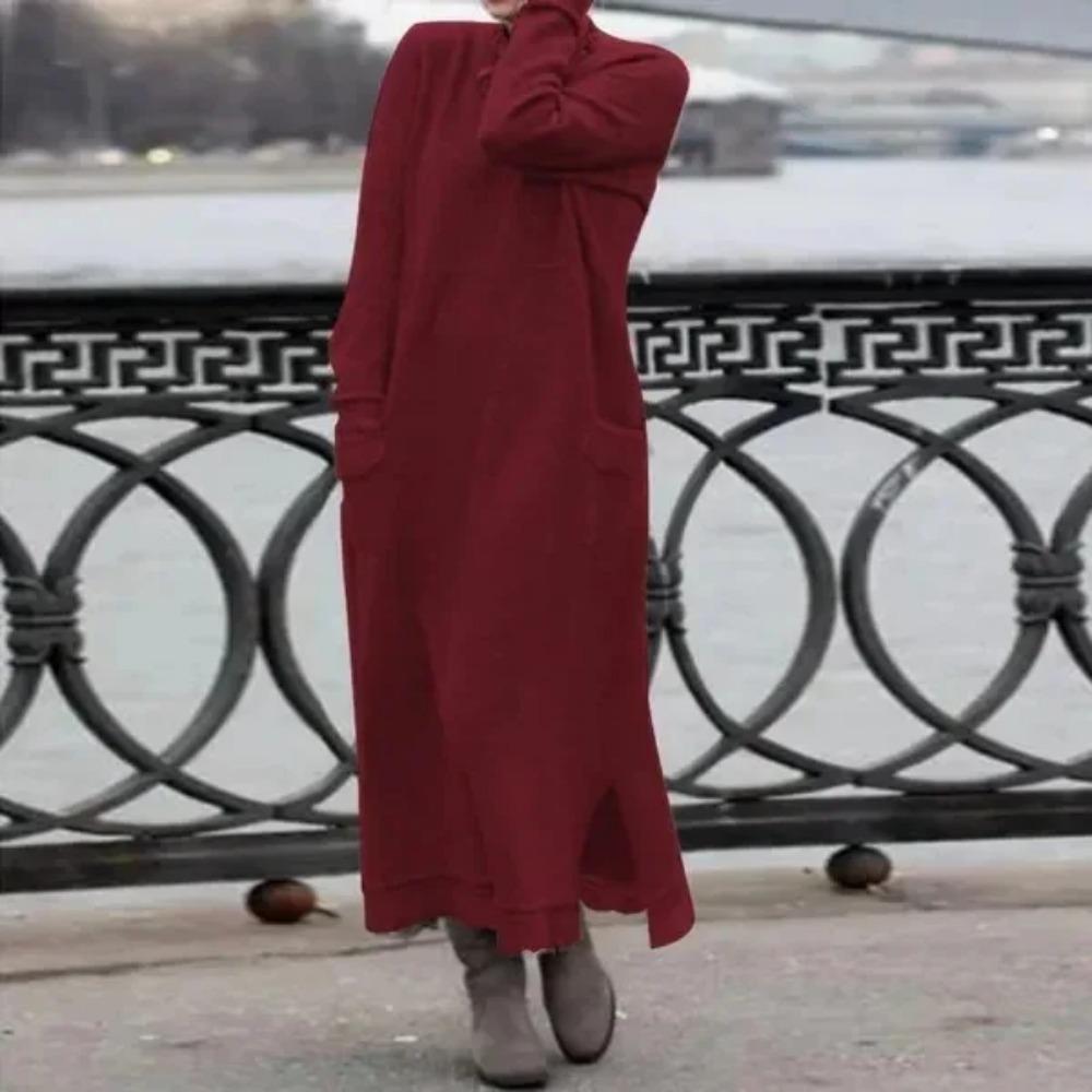 Yeni Sonbahar ve Kış Gevşek Uzun Etek Artı Kadife Sweatshirt Günlük Elbise Kadın Moda Düz O Yaka Uzun Kollu Tatil Elbisesi
