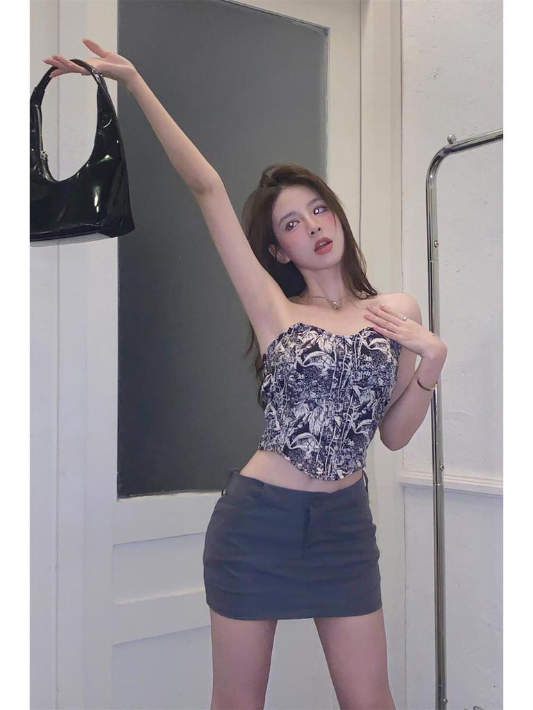 Summer 2025 Retro Slim Fit Printed Sleeveless Bandeau Top for Women - Trendy Student Style