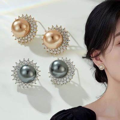 1PAIR of Fashionable and Elegant Imitation Pearl Stud Earrings, Light Luxury and High-end Micro-inlaid Zircon Round Earrings, Exquisite Earrings.