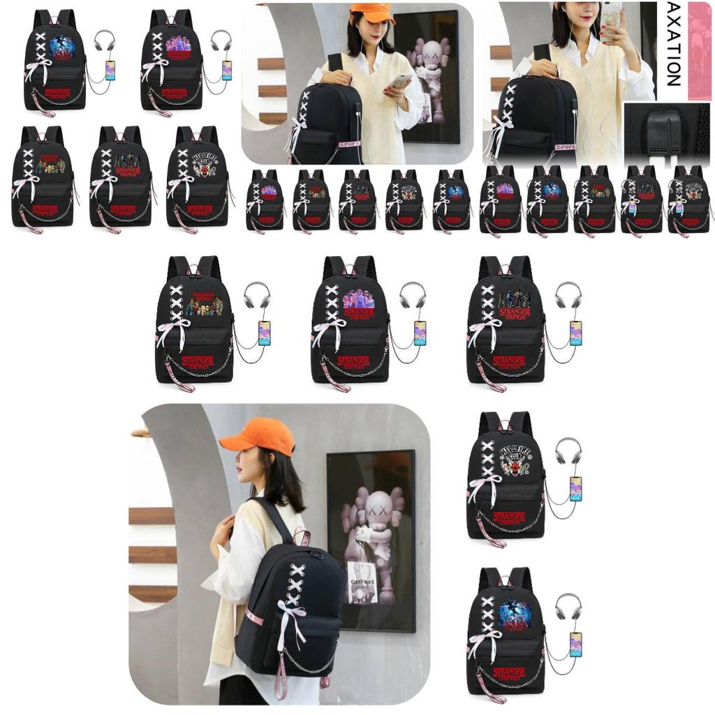 Stilvoller Stranger Things Rucksack mit USB-Ladeanschluss 20-35l Fassungsvermögen Oxford-Stoffmaterial