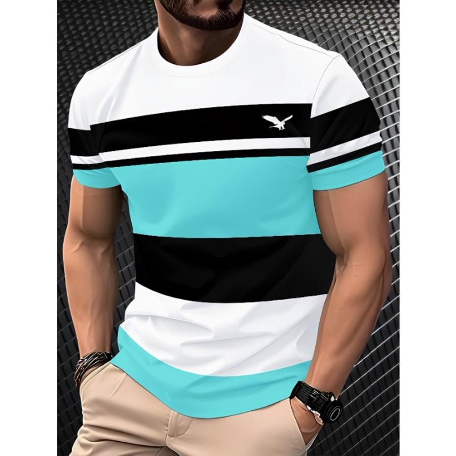 Summer Round Neck 3D Color Block Print Top Fashionable Casual Short Sleeved Men's T-shirts