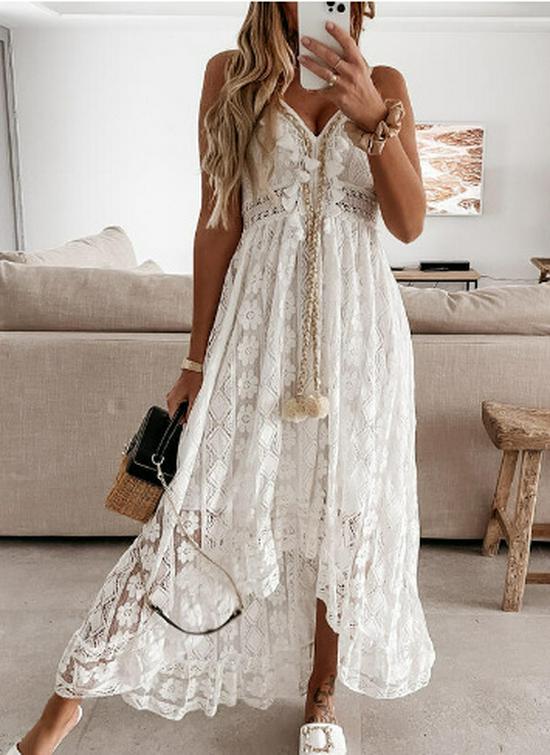European & American Style Lace Spaghetti Strap Long Dress with Waist-cinching Wide Hem