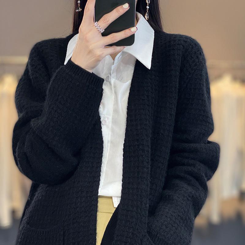 Women's 2023 Loose Cashmere Tie-Up Sweater, Long Sleeve, Pure Wool, Knitted Cardigan with % Collar for Spring