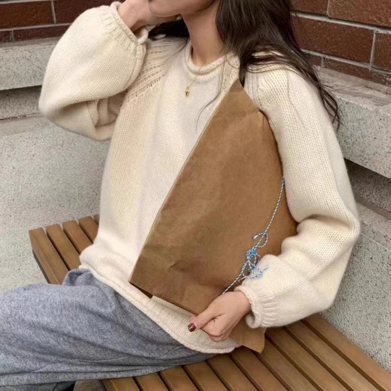 

French Yellow Knit Sweater Pullover Women Early Spring Chunky Loose Lazy Style Top One Size белый